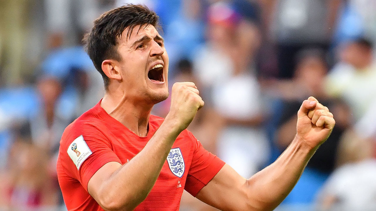 England's defender Harry Maguire celebrates at the end of the Russia 2018 World Cup quarter-final football match between Sweden and England at the Samara Arena in Samara on July 7, 2018.