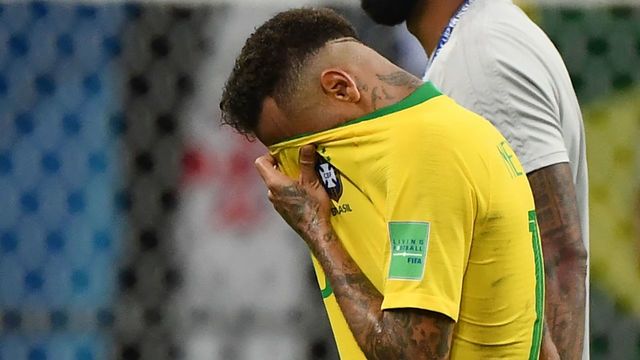 Brazil's forward Neymar reacts to their defeat at the end of the Russia 2018 World Cup quarter-final football match between Brazil and Belgium at the Kazan Arena in Kazan on July 6, 2018.