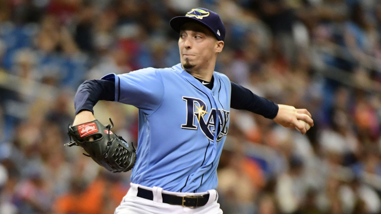 ST PETERSBURG, FL - JULY 1: Blake Snell #4 of the Tampa Bay Rays throws a pitch in the seventh inning against the Houston Astros on July 1, 2018 at Tropicana Field in St Petersburg, Florida.