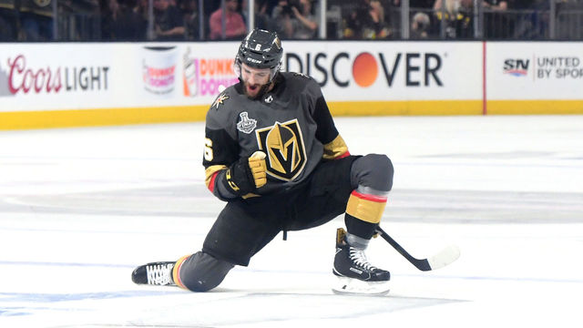 LAS VEGAS, NV - MAY 28: Colin Miller #6 of the Vegas Golden Knights celebrates his first-period goal against the Washington Capitals in Game One of the 2018 NHL Stanley Cup Final at T-Mobile Arena on May 28, 2018 in Las Vegas, Nevada.