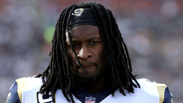 LOS ANGELES, CA - DECEMBER 10: Todd Gurley #30 of the Los Angeles Rams walks off the field during the game against the Philadelphia Eagles at the Los Angeles Memorial Coliseum on December 10, 2017 in Los Angeles, California.