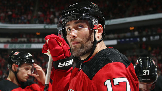 NEWARK, NJ - APRIL 05: Patrick Maroon #17 of the New Jersey Devils prepares to skate against the Toronto Maple Leafs at the Prudential Center on April 5, 2018 in Newark, New Jersey. The Devils defeated the Maple Leafs 2-1 to clinch a playoff position.
