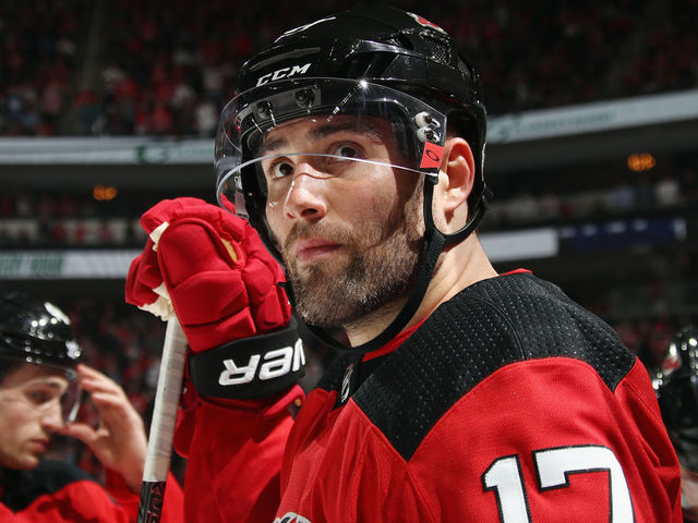 NEWARK, NJ - APRIL 05: Patrick Maroon #17 of the New Jersey Devils prepares to skate against the Toronto Maple Leafs at the Prudential Center on April 5, 2018 in Newark, New Jersey. The Devils defeated the Maple Leafs 2-1 to clinch a playoff position.