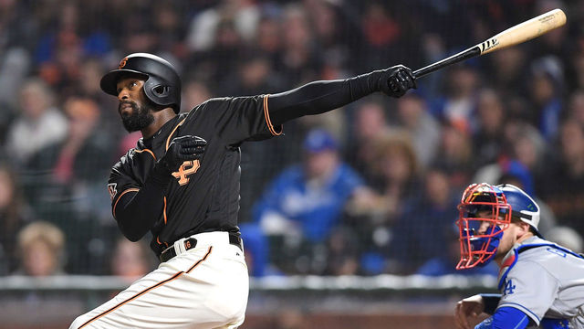 SAN FRANCISCO, CA - APRIL 28: Austin Jackson #16 of the San Francisco Giants hits a bases loaded three-run RBI double against the Los Angeles Dodgers in the bottom of the fifth inning at AT&T Park on April 28, 2018 in San Francisco, California.