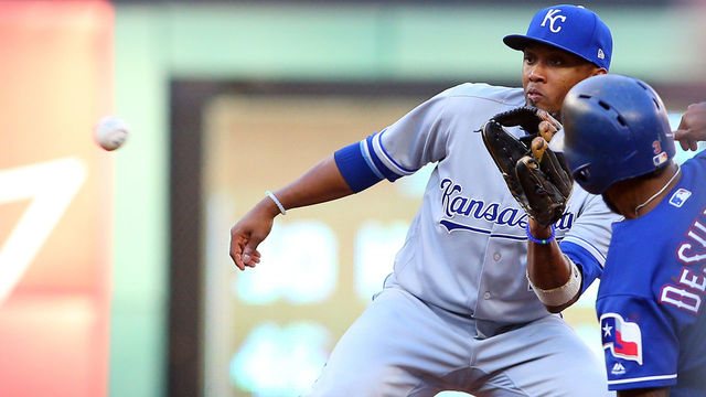 ARLINGTON, TX - MAY 24: Delino DeShields #3 of the Texas Rangers is staged out on second base in the first inning by Alcides Escobar #2 of the Kansas City Royals at Globe Life Park in Arlington on May 24, 2018 in Arlington, Texas.