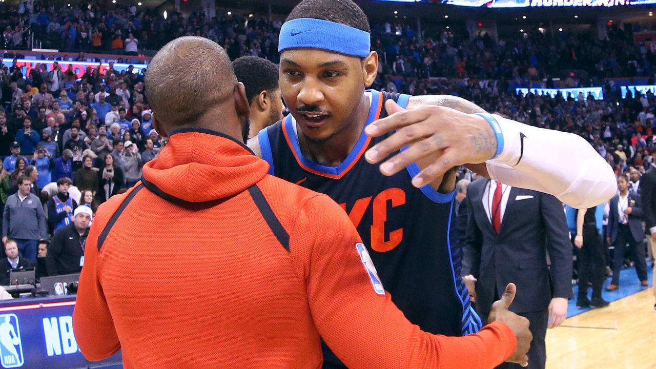 OKLAHOMA CITY, OK- DECEMBER 25: Carmelo Anthony #7 of the Oklahoma City Thunder and Chris Paul #3 of the Houston Rockets hug after the game on December 25, 2017 at Chesapeake Energy Arena in Oklahoma City, Oklahoma. Mandatory Copyright Notice: Copyright 2017 NBAE