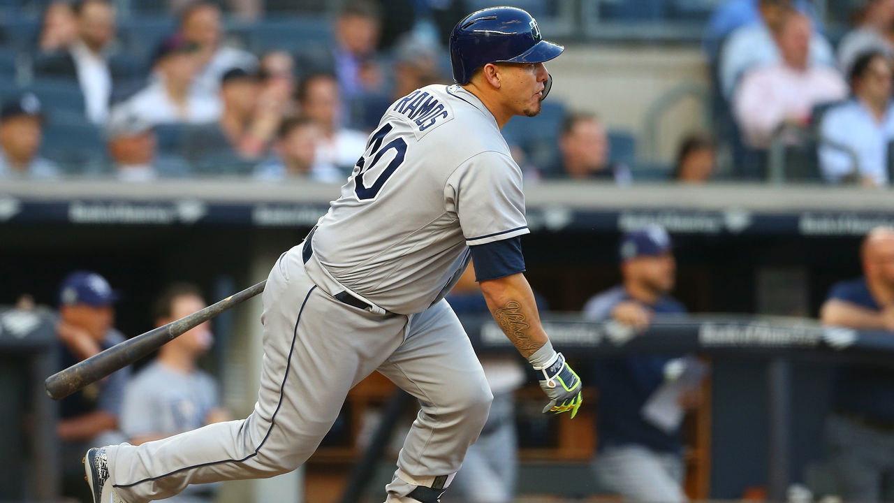 NEW YORK, NY - JUNE 14: Wilson Ramos #40 of the Tampa Bay Rays hits a rBI single in the third inning against the New York Yankees at Yankee Stadium on June 14, 2018 in the Bronx borough of New York City.