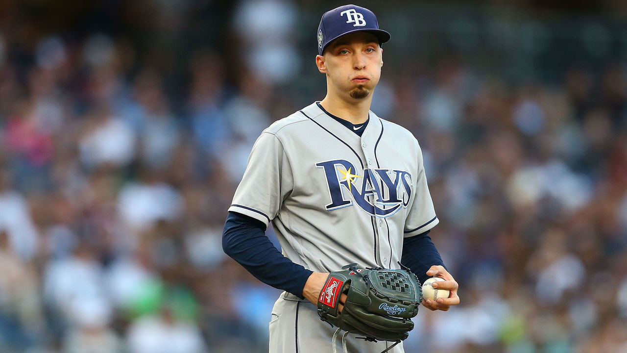 NEW YORK, NY - JUNE 14: Blake Snell #4 of the Tampa Bay Rays reacts in the second inning against the New York Yankees at Yankee Stadium on June 14, 2018 in the Bronx borough of New York City.