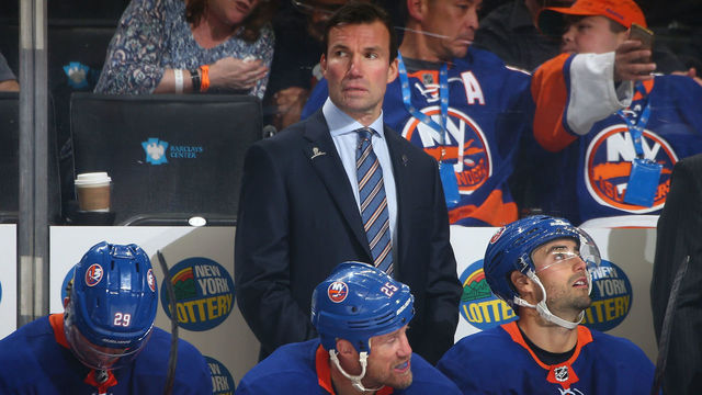 NEW YORK, NY - OCTOBER 07: Assistant coach Luke Richardson looks on from the bench during the game against the Buffalo Sabres at Barclays Center on October 7, 2017 in New York City.