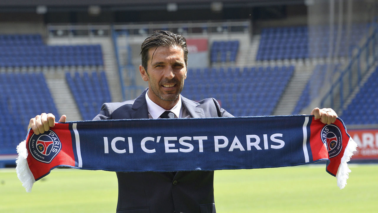 PARIS, FRANCE - JULY 09: Gianluigi Buffon poses after signing with the Paris Saint-Germain Football Club at Parc des Princes on July 9, 2018 in Paris, France. Buffon signed for 1 year plus a second year in option.