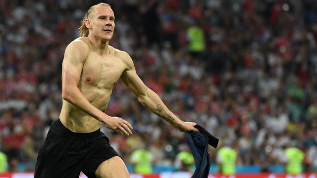 TOPSHOT - Croatia's defender Domagoj Vida celebrates after scoring a goal during the extra time of the Russia 2018 World Cup quarter-final football match between Russia and Croatia at the Fisht Stadium in Sochi on July 7, 2018.