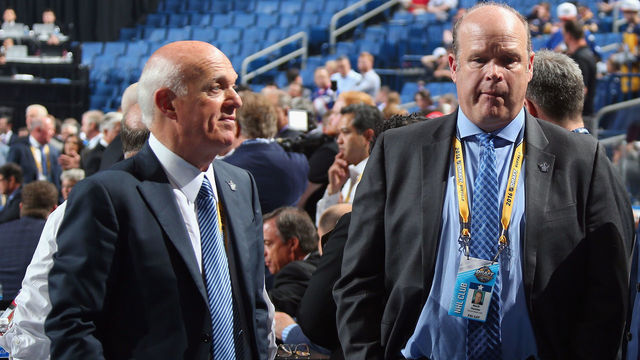 BUFFALO, NY - JUNE 24: (l-r) Lou Lamoriello and Mark Hunter of the Toronto Maple Leafs attend of the 2016 NHL Draft on June 24, 2016 in Buffalo, New York.