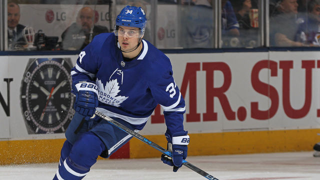 TORONTO, ON - APRIL 2: Auston Matthews #34 of the Toronto Maple Leafs skates against the Buffalo Sabres during an NHL game at the Air Canada Centre on April 2, 2018 in Toronto, Ontario, Canada. The Maple Leafs defeated the Sabres 5-2.