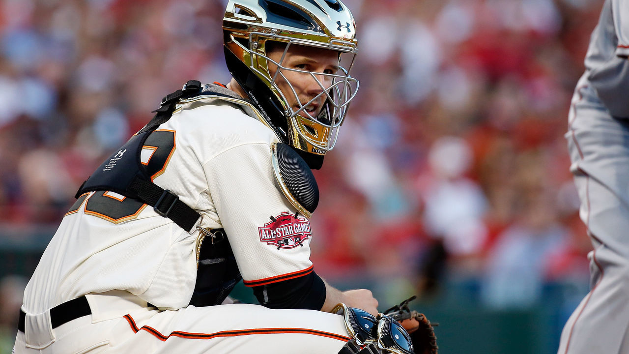 CINCINNATI, OH - JULY 14: National League All-Star Buster Posey #28 of the San Fransico Giants looks on against the American League during the 86th MLB All-Star Game at the Great American Ball Park on July 14, 2015 in Cincinnati, Ohio.