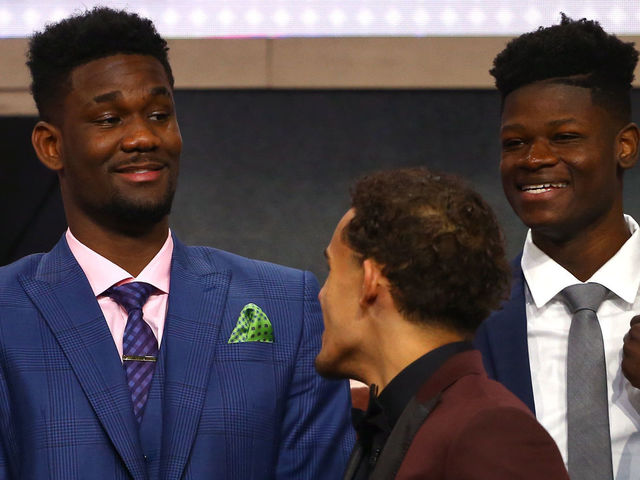 NEW YORK, NY - JUNE 21: Deandre Ayton, Trae Young and Mohamed Bamba look on before the 2018 NBA Draft at the Barclays Center on June 21, 2018 in the Brooklyn borough of New York City.