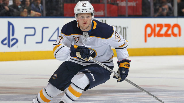 TORONTO, ON - APRIL 2: Casey Mittelstadt #37 of the Buffalo Sabres skates against the Toronto Maple Leafs during an NHL game at the Air Canada Centre on April 2, 2018 in Toronto, Ontario, Canada.