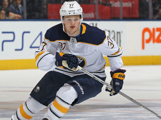 TORONTO, ON - APRIL 2: Casey Mittelstadt #37 of the Buffalo Sabres skates against the Toronto Maple Leafs during an NHL game at the Air Canada Centre on April 2, 2018 in Toronto, Ontario, Canada.