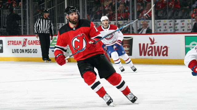 NEWARK, NJ - MARCH 06: Patrick Maroon #17 of the New Jersey Devils skates against the Montreal Canadiens at the Prudential Center on March 6, 2018 in Newark, New Jersey.