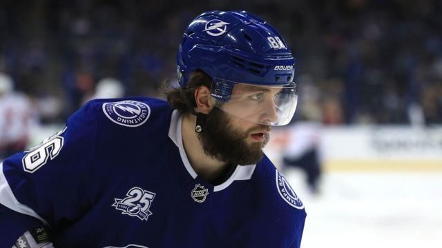 TAMPA, FL - MAY 19: Nikita Kucherov #86 of the Tampa Bay Lightning looks on prior to Game Five of the Eastern Conference Finals against the Washington Capitals during the 2018 NHL Stanley Cup Playoffs at Amalie Arena on May 19, 2018 in Tampa, Florida.