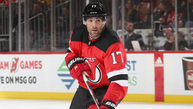 NEWARK, NJ - APRIL 03: Patrick Maroon #17 of the New Jersey Devils skates against the New York Rangers at the Prudential Center on April 3, 2018 in Newark, New Jersey. The Devils defeated the Rangers 5-2.