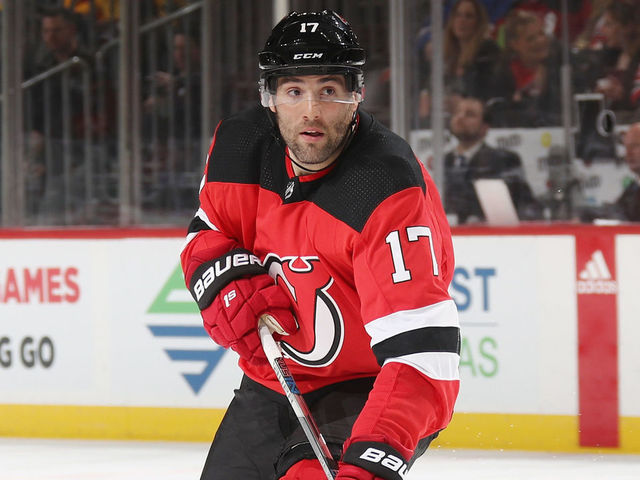 NEWARK, NJ - APRIL 03: Patrick Maroon #17 of the New Jersey Devils skates against the New York Rangers at the Prudential Center on April 3, 2018 in Newark, New Jersey. The Devils defeated the Rangers 5-2.
