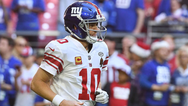 GLENDALE, AZ - DECEMBER 24: Quarterback Eli Manning #10 of the New York Giants warms up for the NFL game against the Arizona Cardinals at University of Phoenix Stadium on December 24, 2017 in Glendale, Arizona.