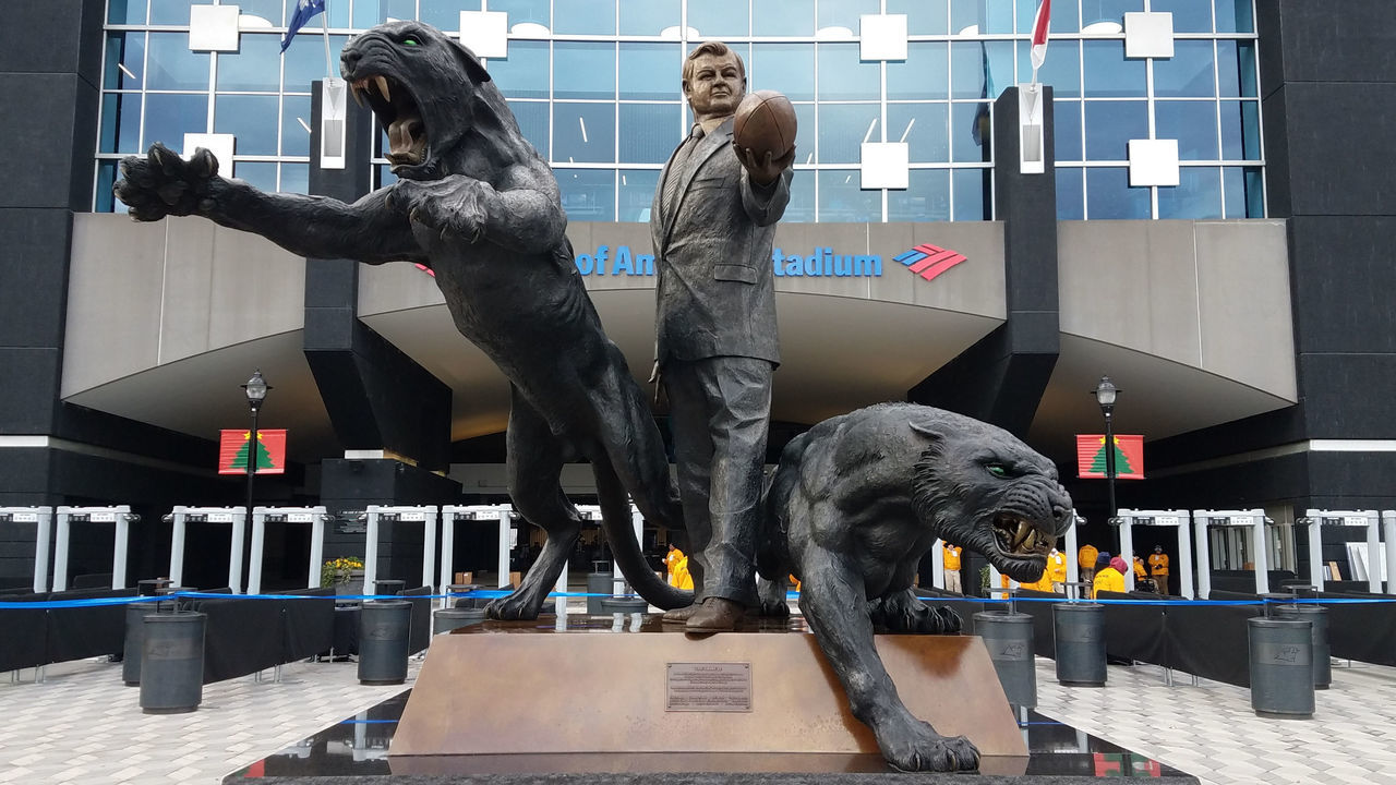 CHARLOTTE, NC - DECEMBER 24: A statue of Carolina Panthers owner Jerry Richardson stands at the entrance to Bank of America Stadium, home of the NFL's Carolina Panthers on December 24, 2017 in Charlotte, NC. Richardson recently announced he would sell his interest in the team after the season following misconduct accusations and a resulting investigation.
