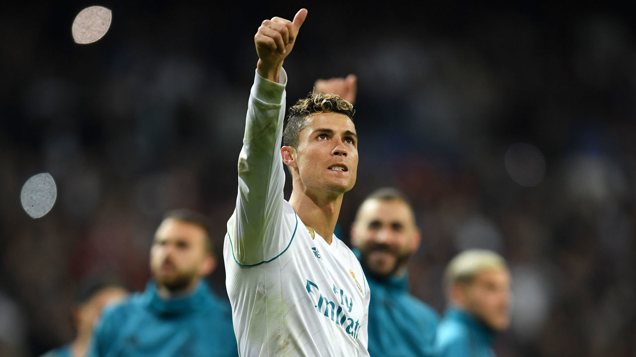 MADRID, SPAIN - MAY 01: Cristiano Ronaldo of Real Madrid celebrates as they reach the final after the UEFA Champions League Semi Final Second Leg match between Real Madrid and Bayern Muenchen at the Bernabeu on May 1, 2018 in Madrid, Spain.