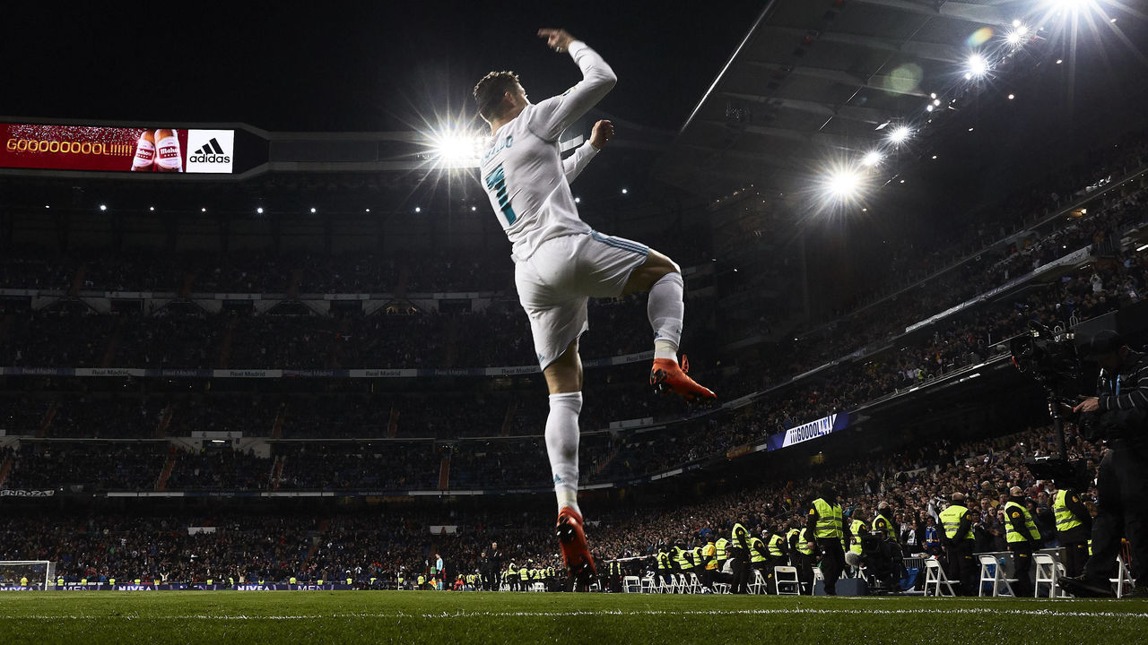 MADRID, SPAIN - MARCH 18: Cristiano Ronaldo of Real Madrid CF celebrates scoring their second goal during the La Liga match between Real Madrid CF and Girona FC at Estadio Santiago Bernabeu on March 18, 2018 in Madrid, Spain.