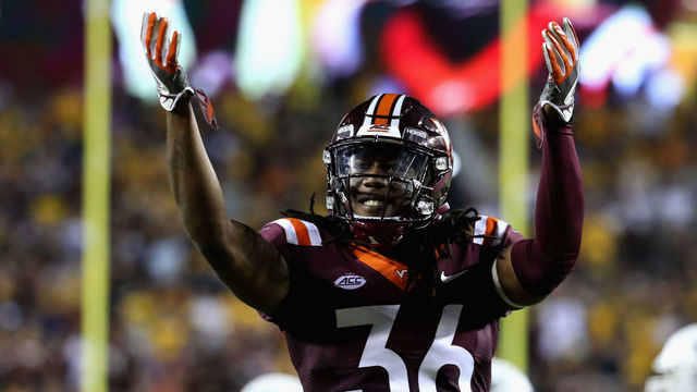 LANDOVER, MD - SEPTEMBER 03: Cornerback Adonis Alexander #36 of the Virginia Tech Hokies gestures to the crowd against the West Virginia Mountaineers at FedExField on September 3, 2017 in Landover, Maryland.