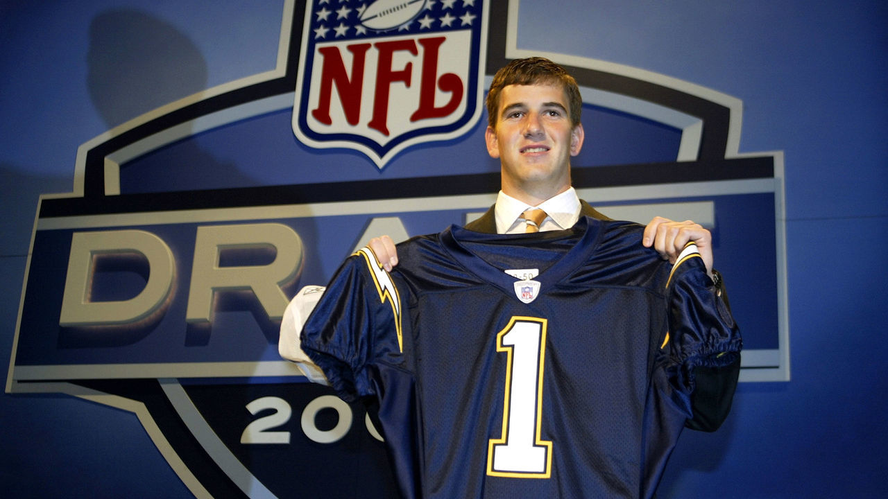 NEW YORK - APRIL 24: Eli Manning holding up a San Diego Chargers jersey was selected first pick overall by the Chargers then traded to the New York Giants for Philip Rivers and 3 draft picks during the 2004 NFL Draft on April 24, 2004 at Madison Square Garden in New York City.