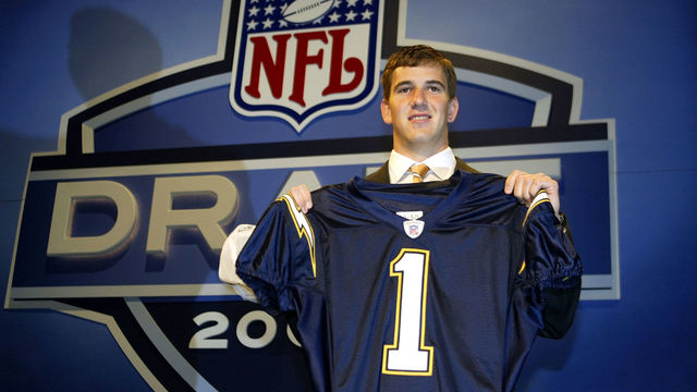 NEW YORK - APRIL 24: Eli Manning holding up a San Diego Chargers jersey was selected first pick overall by the Chargers then traded to the New York Giants for Philip Rivers and 3 draft picks during the 2004 NFL Draft on April 24, 2004 at Madison Square Garden in New York City.
