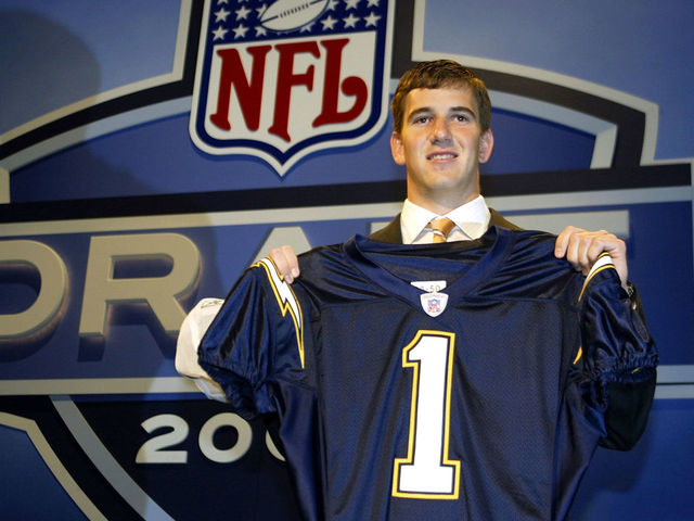 NEW YORK - APRIL 24: Eli Manning holding up a San Diego Chargers jersey was selected first pick overall by the Chargers then traded to the New York Giants for Philip Rivers and 3 draft picks during the 2004 NFL Draft on April 24, 2004 at Madison Square Garden in New York City.