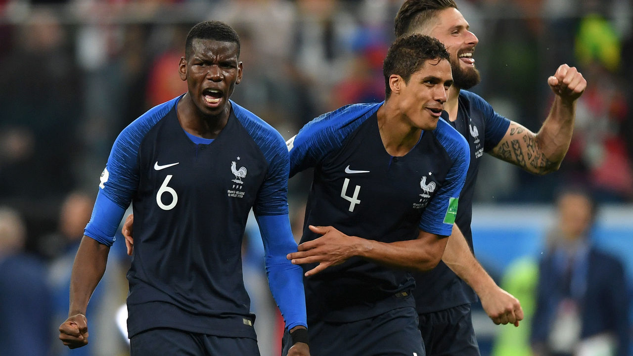 SAINT PETERSBURG, RUSSIA - JULY 10: Paul Pogba, Raphael Varane and Olivier Giroud of France celebrate victory following the 2018 FIFA World Cup Russia Semi Final match between Belgium and France at Saint Petersburg Stadium on July 10, 2018 in Saint Petersburg, Russia.