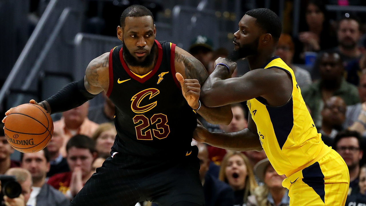 CLEVELAND, OH - APRIL 29: LeBron James #23 of the Cleveland Cavaliers tries to get around Lance Stephenson #1 of the Indiana Pacers during the first half in Game Seven of the Eastern Conference Quarterfinals during the 2018 NBA Playoffs at Quicken Loans Arena on April 29, 2018 in Cleveland, Ohio.