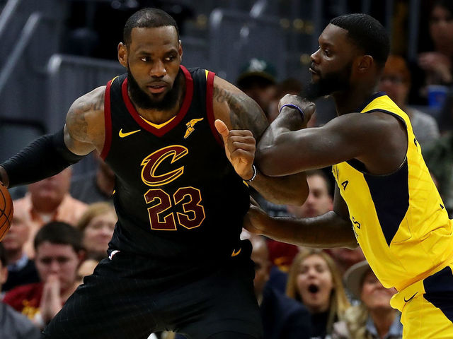 CLEVELAND, OH - APRIL 29: LeBron James #23 of the Cleveland Cavaliers tries to get around Lance Stephenson #1 of the Indiana Pacers during the first half in Game Seven of the Eastern Conference Quarterfinals during the 2018 NBA Playoffs at Quicken Loans Arena on April 29, 2018 in Cleveland, Ohio.