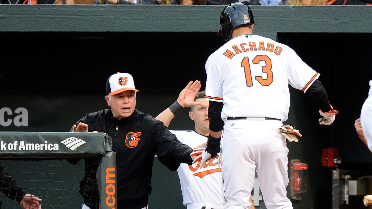 BALTIMORE, MD - MAY 13: Manny Machado #13 of the Baltimore Orioles celebrates with manager Buck Showalter #26 after scoring in the second inning against the Toronto Blue Jays at Oriole Park at Camden Yards on May 13, 2015 in Baltimore, Maryland.