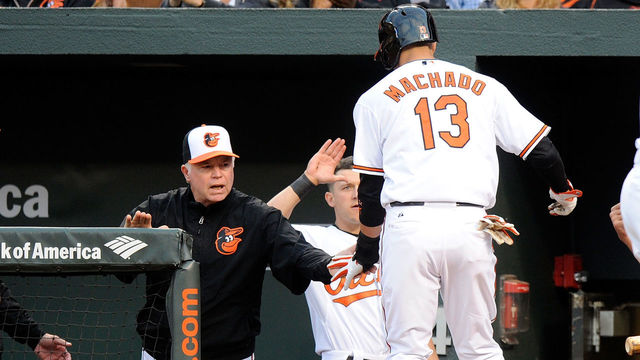 BALTIMORE, MD - MAY 13: Manny Machado #13 of the Baltimore Orioles celebrates with manager Buck Showalter #26 after scoring in the second inning against the Toronto Blue Jays at Oriole Park at Camden Yards on May 13, 2015 in Baltimore, Maryland.