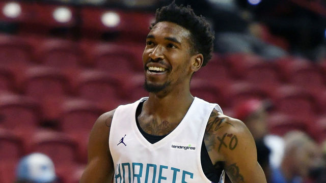 LAS VEGAS, NV - JULY 06: Malik Monk #1 of the Charlotte Hornets reacts after hitting a 3-pointer against the Oklahoma City Thunder during the 2018 NBA Summer League at the Thomas & Mack Center on July 6, 2018 in Las Vegas, Nevada. The Hornets defeated the Thunder 88-87.