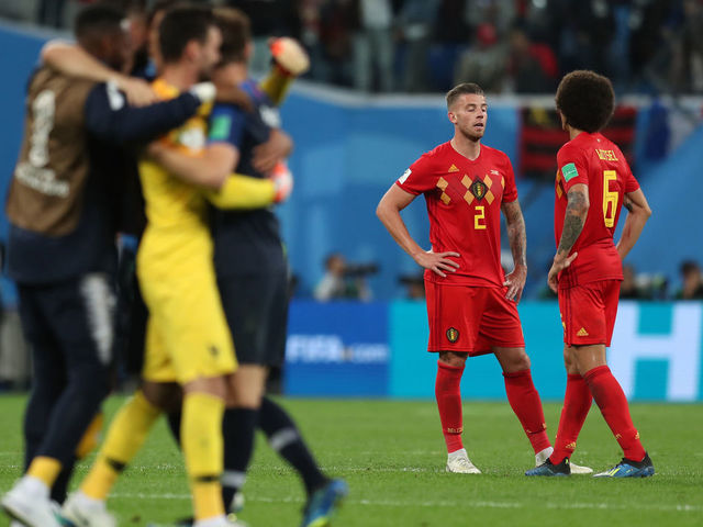SAINT PETERSBURG, RUSSIA - JULY 10: Toby Alderweireld and Axel Witsel of Belgium look dejected after the 2018 FIFA World Cup Russia Semi Final match between Belgium and France at Saint Petersburg Stadium on July 10, 2018 in Saint Petersburg, Russia.