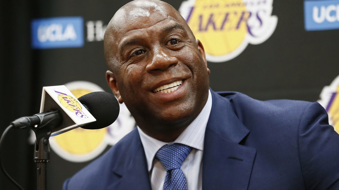 EL SEGUNDO, CA - JUNE 26: Magic Johnson of the Los Angeles Lakers helps introduce 2018 NBA draft pick Moritz Wagner during an introductory press conference at the UCLA Health Training Center on June 26, 2018 in El Segundo, California. NOTE TO USER: User expressly acknowledges and agrees that, by downloading and/or using this photograph, user is consenting to the terms and conditions of the Getty Images License Agreement. Mandatory Copyright Notice: Copyright 2018 NBAE