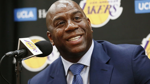 EL SEGUNDO, CA - JUNE 26: Magic Johnson of the Los Angeles Lakers helps introduce 2018 NBA draft pick Moritz Wagner during an introductory press conference at the UCLA Health Training Center on June 26, 2018 in El Segundo, California. NOTE TO USER: User expressly acknowledges and agrees that, by downloading and/or using this photograph, user is consenting to the terms and conditions of the Getty Images License Agreement. Mandatory Copyright Notice: Copyright 2018 NBAE