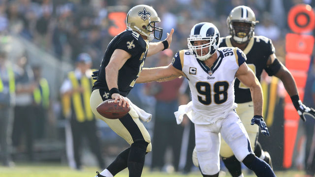 LOS ANGELES, CA - NOVEMBER 26: Connor Barwin #98 of the Los Angeles Rams sacks Drew Brees #9 of the New Orleans Saints during the second quarter at the Los Angeles Memorial Coliseum on November 26, 2017 in Los Angeles, California.