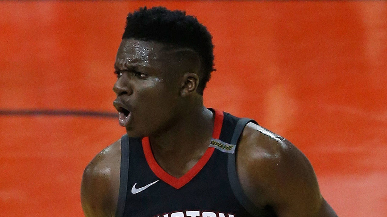 HOUSTON, TX - MAY 28: Clint Capela #15 of the Houston Rockets reacts in the first half of Game Seven of the Western Conference Finals of the 2018 NBA Playoffs against the Golden State Warriors at Toyota Center on May 28, 2018 in Houston, Texas.