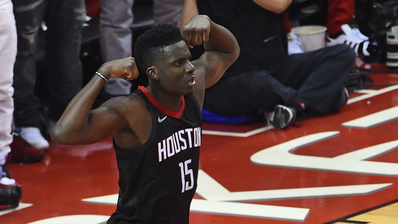 HOUSTON, TX - MAY 28: Clint Capela #15 of the Houston Rockets reacts to a play in Game Seven of the Western Conference Finals against the Golden State Warriors during the 2018 NBA Playoffs on May 28, 2018 at the Toyota Center in Houston, Texas. NOTE TO USER: User expressly acknowledges and agrees that, by downloading and/or using this photograph, user is consenting to the terms and conditions of the Getty Images License Agreement. Mandatory Copyright Notice: Copyright 2018 NBAE