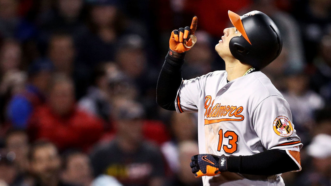 BOSTON, MA - MAY 4: Manny Machado #13 of the Baltimore Orioles celebrates after hitting a three-run homer against the Boston Red Sox during the fourth inning at Fenway Park on May 4, 2017 in Boston, Massachusetts.