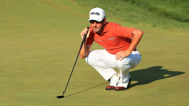 POTOMAC, MD - JULY 01: Andrew Landry lines up a putt on the 18th green during the final round of the Quicken Loans National at TPC Potomac on July 1, 2018 in Potomac, Maryland.