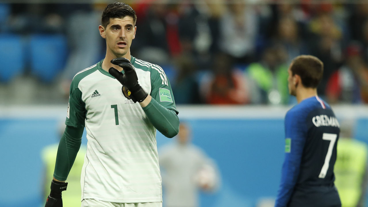 Belgium's goalkeeper Thibaut Courtois reacts during the Russia 2018 World Cup semi-final football match between France and Belgium at the Saint Petersburg Stadium in Saint Petersburg on July 10, 2018.