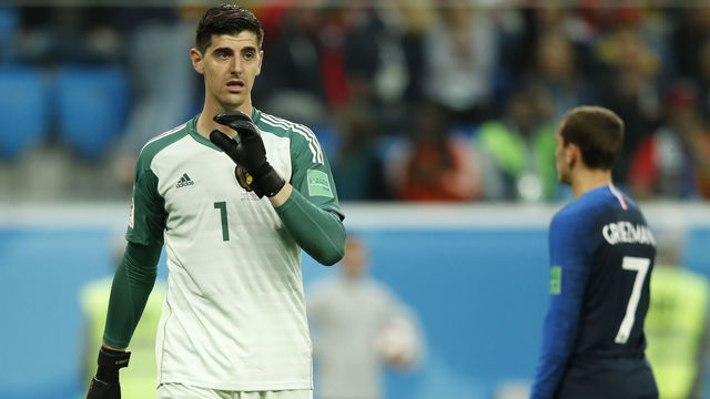 Belgium's goalkeeper Thibaut Courtois reacts during the Russia 2018 World Cup semi-final football match between France and Belgium at the Saint Petersburg Stadium in Saint Petersburg on July 10, 2018.