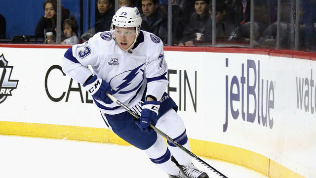 NEW YORK, NY - MARCH 22: Adam Erne #73 of the Tampa Bay Lightning skates against the New York Islanders at the Barclays Center on March 22, 2018 in the Brooklyn borough of New York City. The Lightning defeated the Islanders 7-6.
